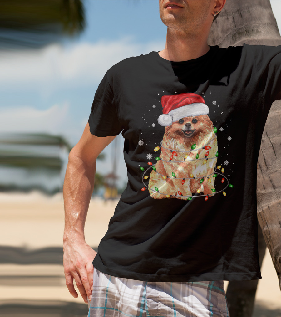 Pomeranian In Santa Hat With Christmas Lights And Snowflakes T-Shirt