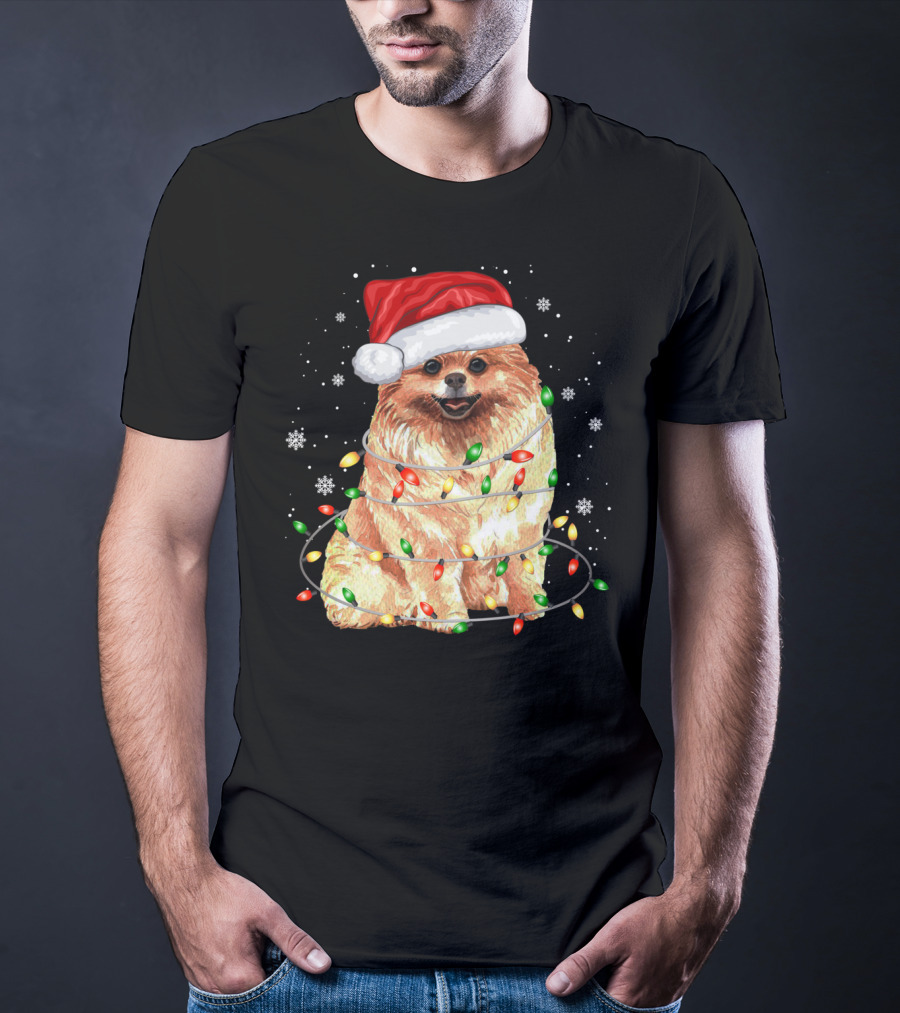 Pomeranian In Santa Hat With Christmas Lights And Snowflakes T-Shirt