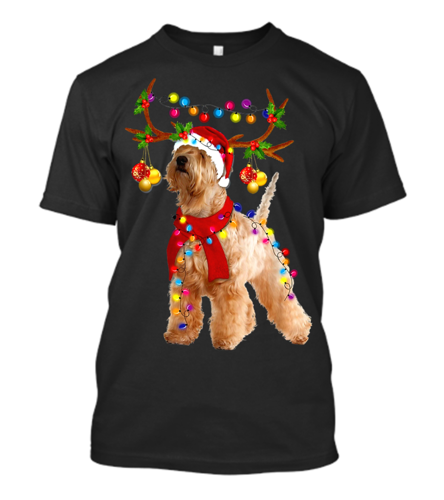 Wheaten Terrier Santa Reindeer With Festive Christmas Lights T-Shirt