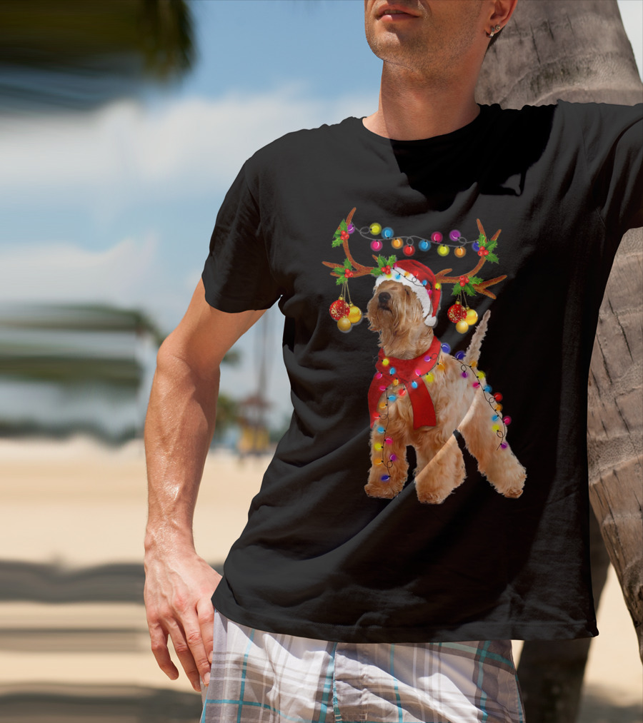 Wheaten Terrier Santa Reindeer With Festive Christmas Lights T-Shirt