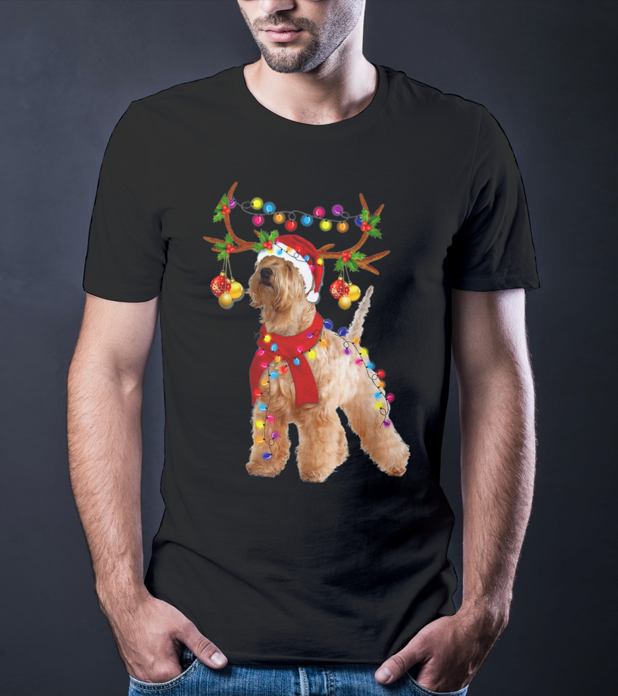 Wheaten Terrier Santa Reindeer With Festive Christmas Lights T-Shirt