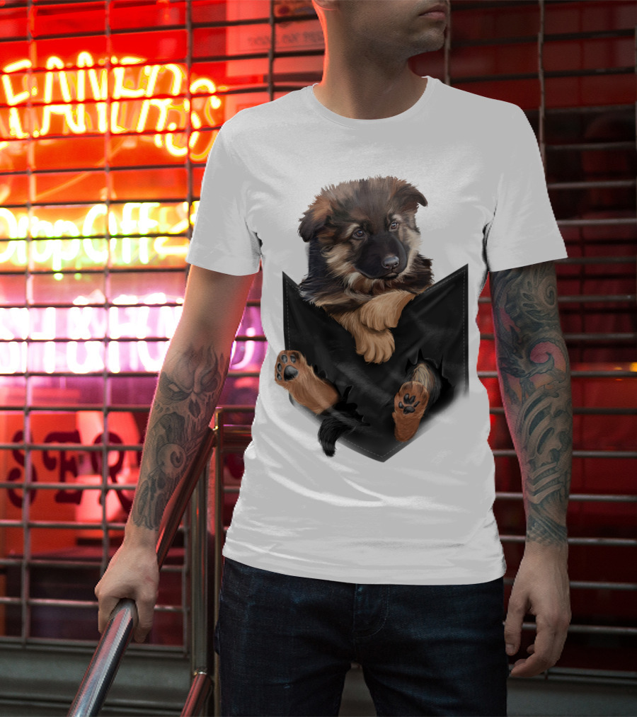 German Shepherd Puppy In Black Pocket T-Shirt