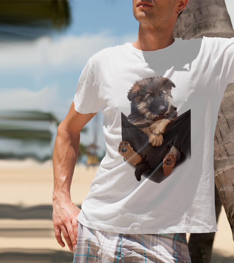 German Shepherd Puppy In Black Pocket T-Shirt