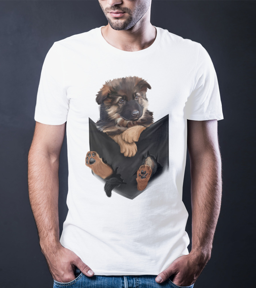 German Shepherd Puppy In Black Pocket T-Shirt