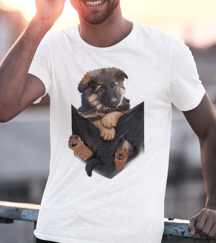 German Shepherd Puppy In Black Pocket T-Shirt