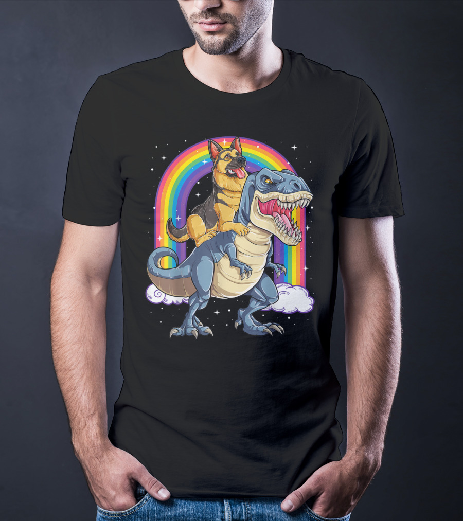 German Shepherd Riding Dinosaur Rex With Rainbow And Stars T-Shirt