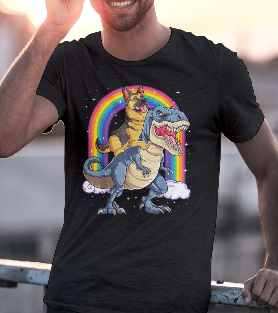 German Shepherd Riding Dinosaur Rex With Rainbow And Stars T-Shirt