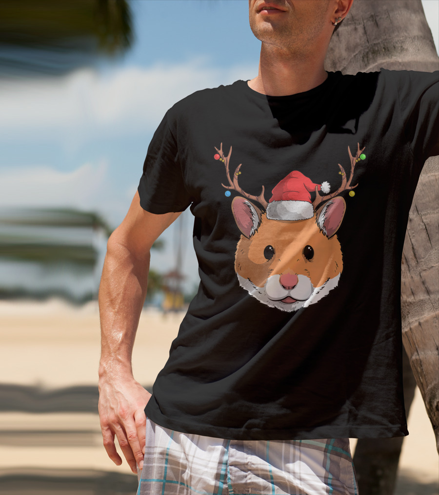 Hamster With Santa Claus Hat And Reindeer Antlers Christmas Holiday T-Shirt