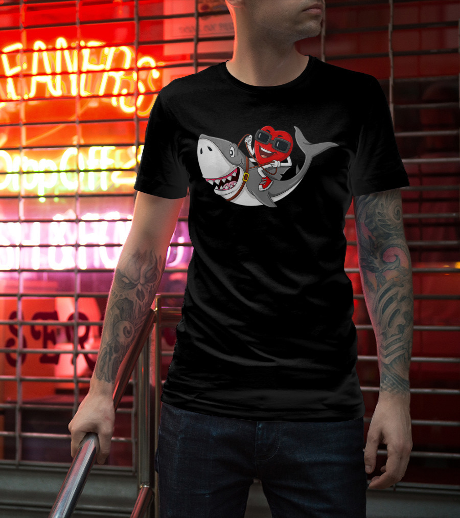 Heart Riding Shark Valentine's Day Adventure T-Shirt