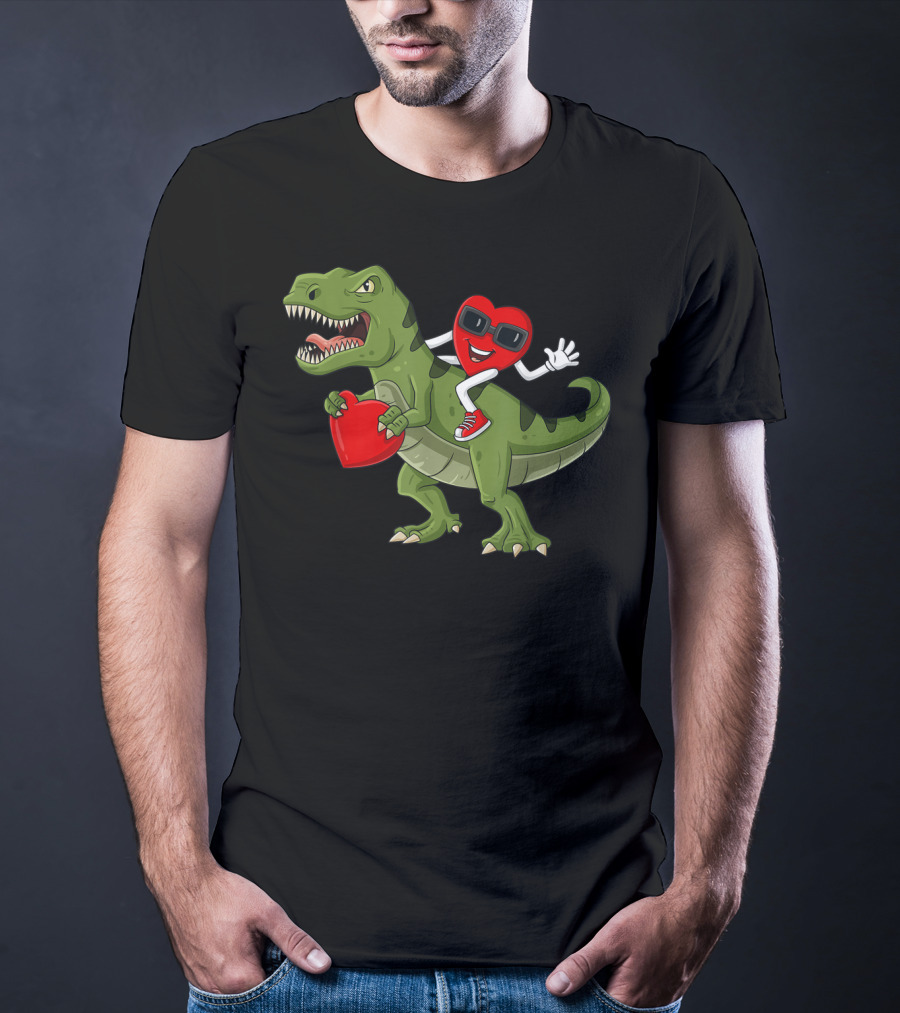 Heart Riding T-Rex Holding Valentines Day Hearts T-Shirt