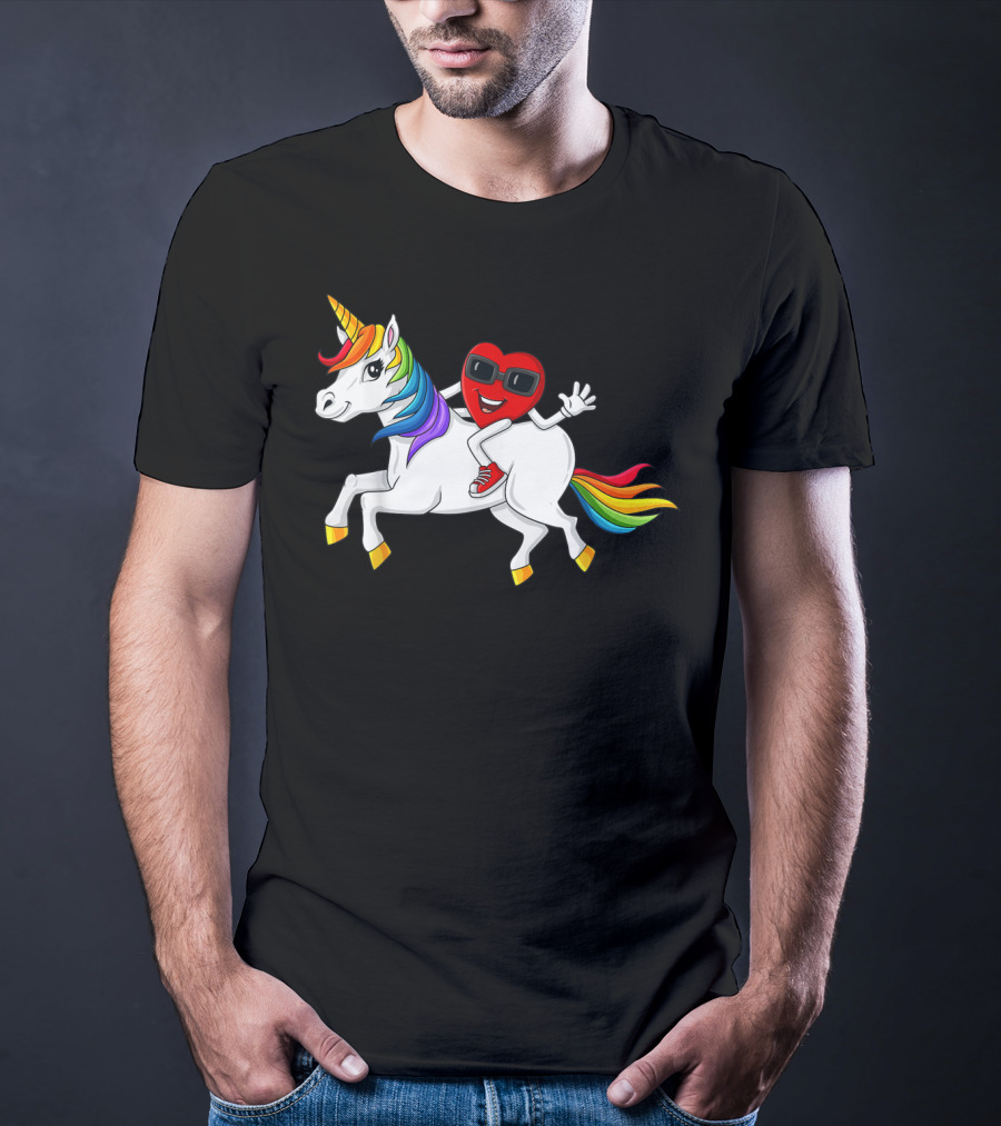 Heart Riding Rainbow Unicorn With Sunglasses And Sneakers T-Shirt