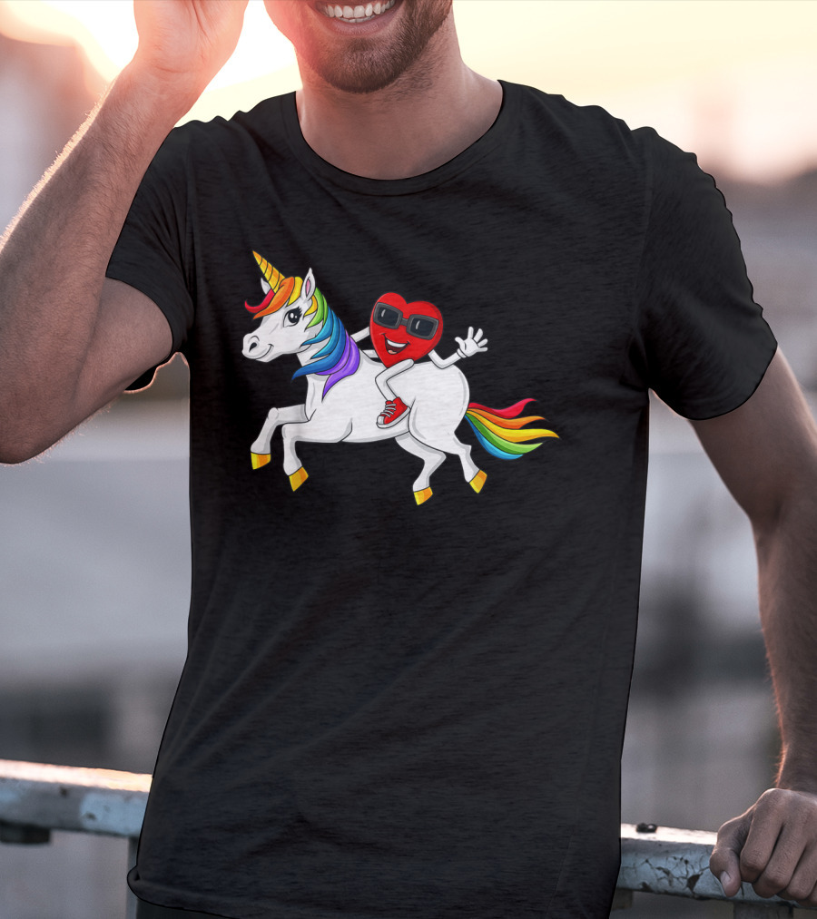 Heart Riding Rainbow Unicorn With Sunglasses And Sneakers T-Shirt