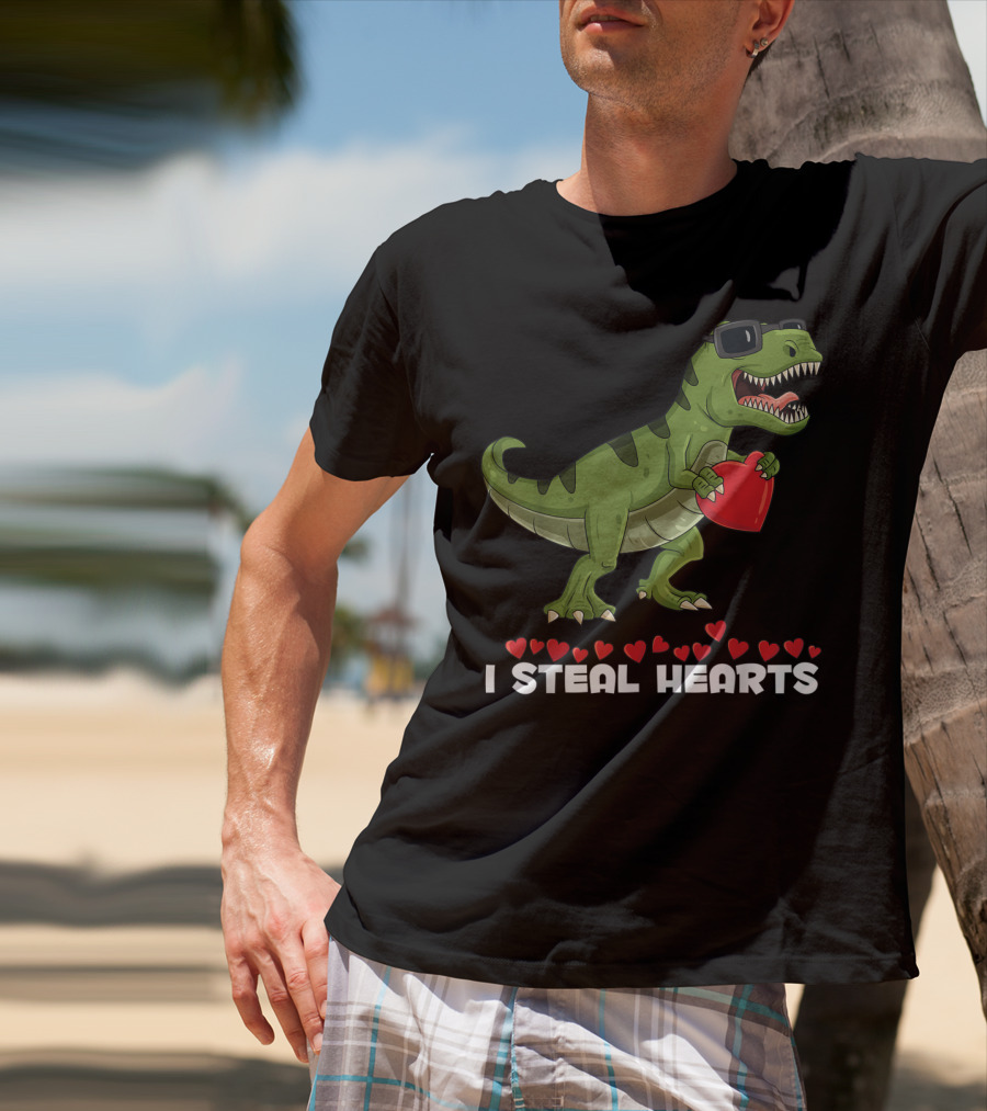 I Steal Hearts Dinosaur With Sunglasses Holding Red Heart Valentines Day T-Shirt