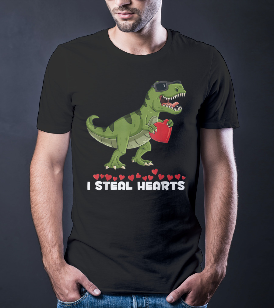 I Steal Hearts Dinosaur With Sunglasses Holding Red Heart Valentines Day T-Shirt