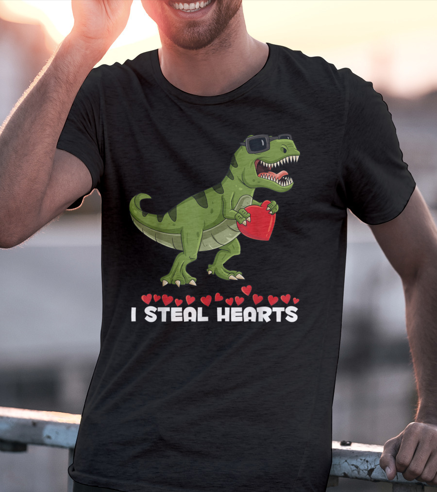 I Steal Hearts Dinosaur With Sunglasses Holding Red Heart Valentines Day T-Shirt