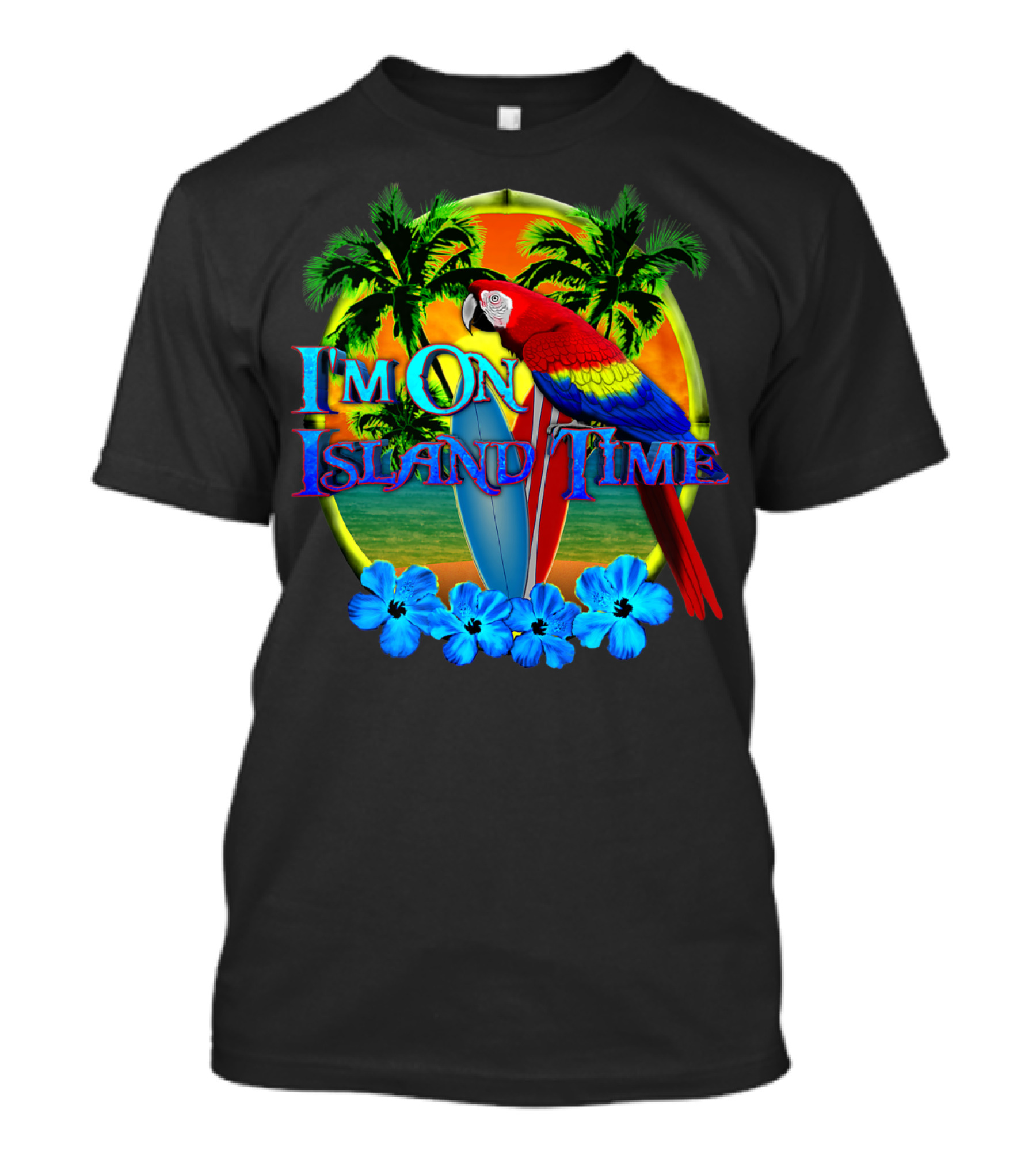 I'm On Island Time Parrot With Surfboards And Palm Trees Tropical Beach T-Shirt