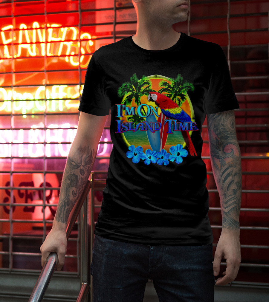 I'm On Island Time Parrot With Surfboards And Palm Trees Tropical Beach T-Shirt