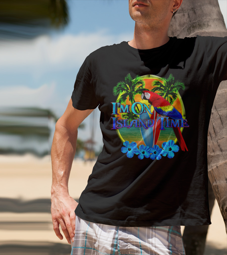 I'm On Island Time Parrot With Surfboards And Palm Trees Tropical Beach T-Shirt
