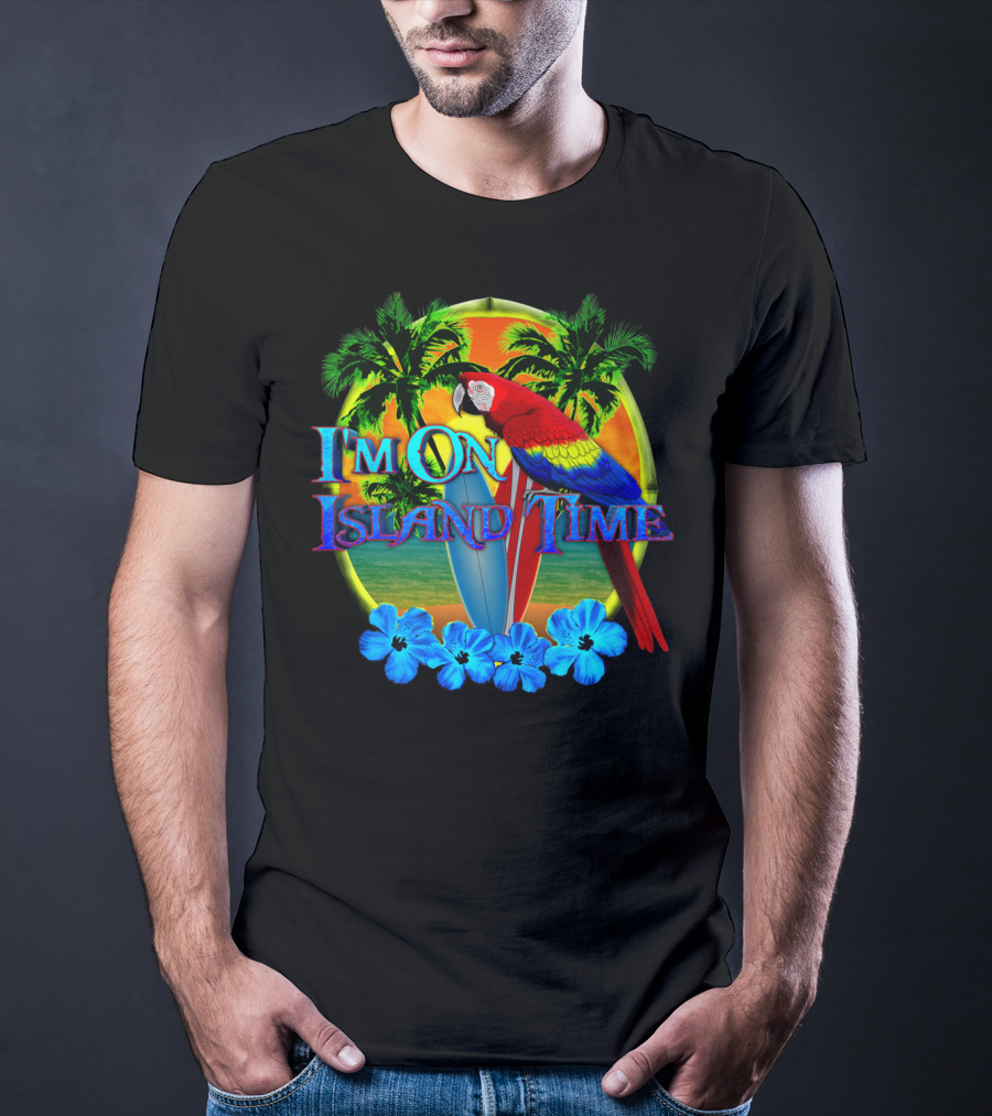 I'm On Island Time Parrot With Surfboards And Palm Trees Tropical Beach T-Shirt