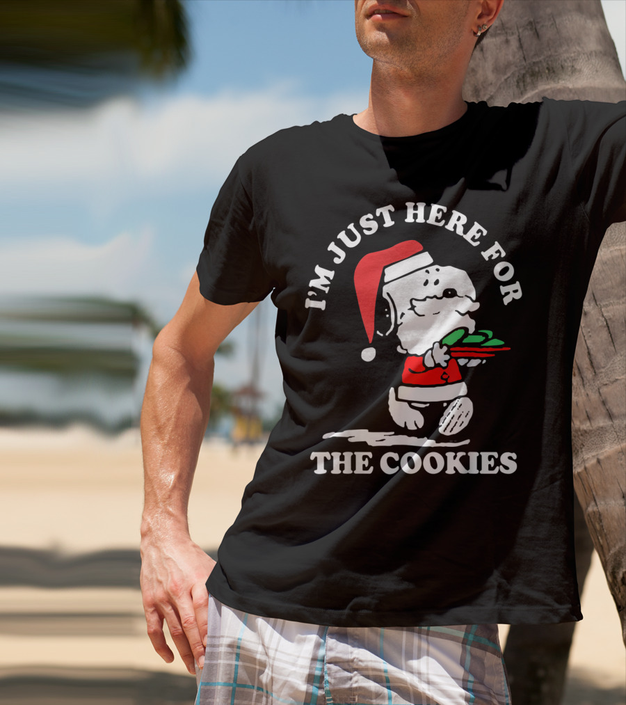 I'm Just Here For The Cookies Santa Hat Dog Carrying Christmas Cookies T-Shirt
