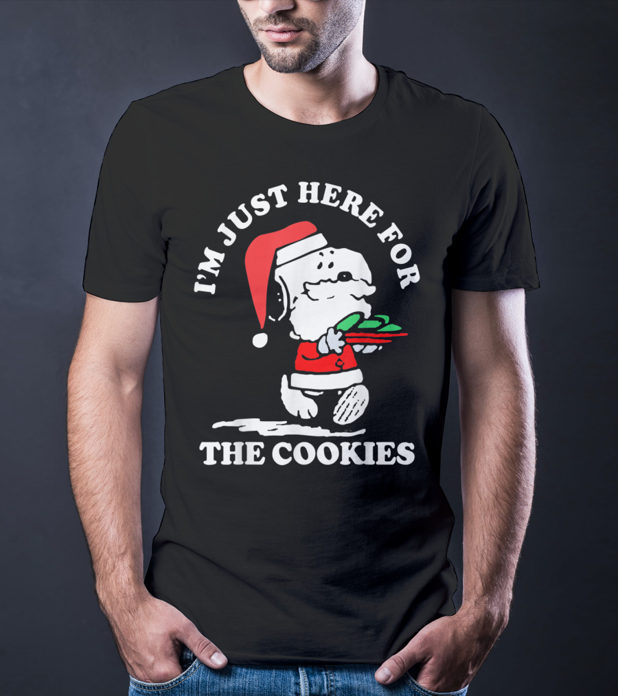 I'm Just Here For The Cookies Santa Hat Dog Carrying Christmas Cookies T-Shirt