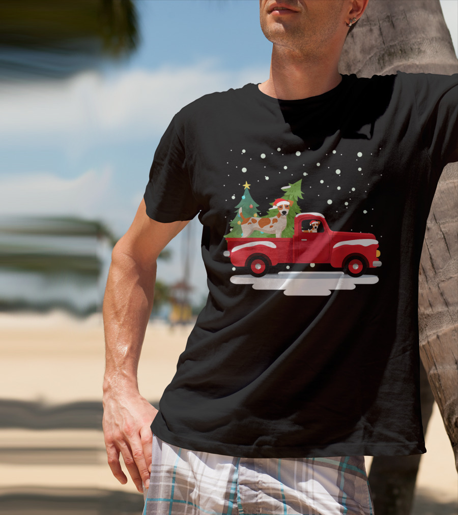 Jack Russell Terrier Santa Christmas Truck Holiday Scene Snowflakes And Trees T-Shirt