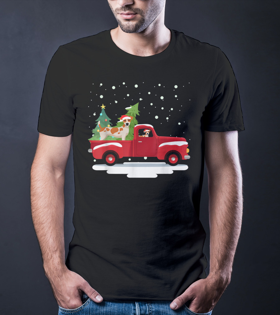 Jack Russell Terrier Santa Christmas Truck Holiday Scene Snowflakes And Trees T-Shirt