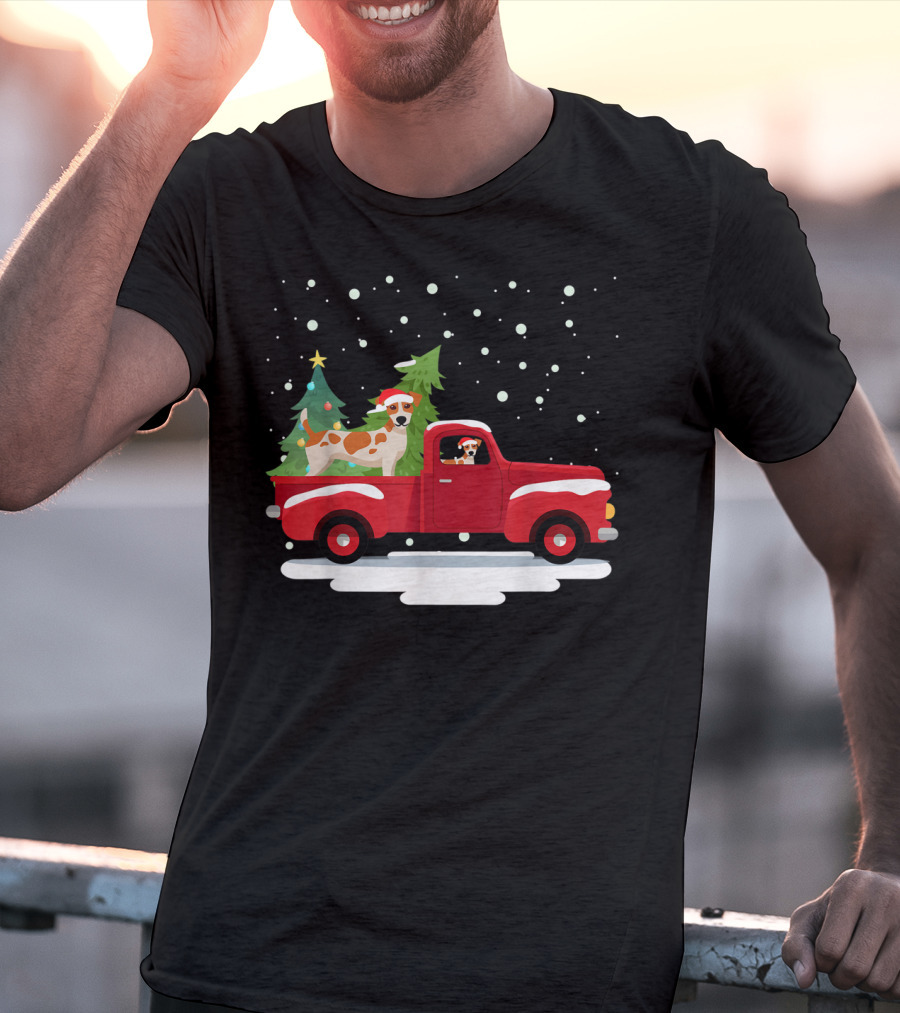 Jack Russell Terrier Santa Christmas Truck Holiday Scene Snowflakes And Trees T-Shirt