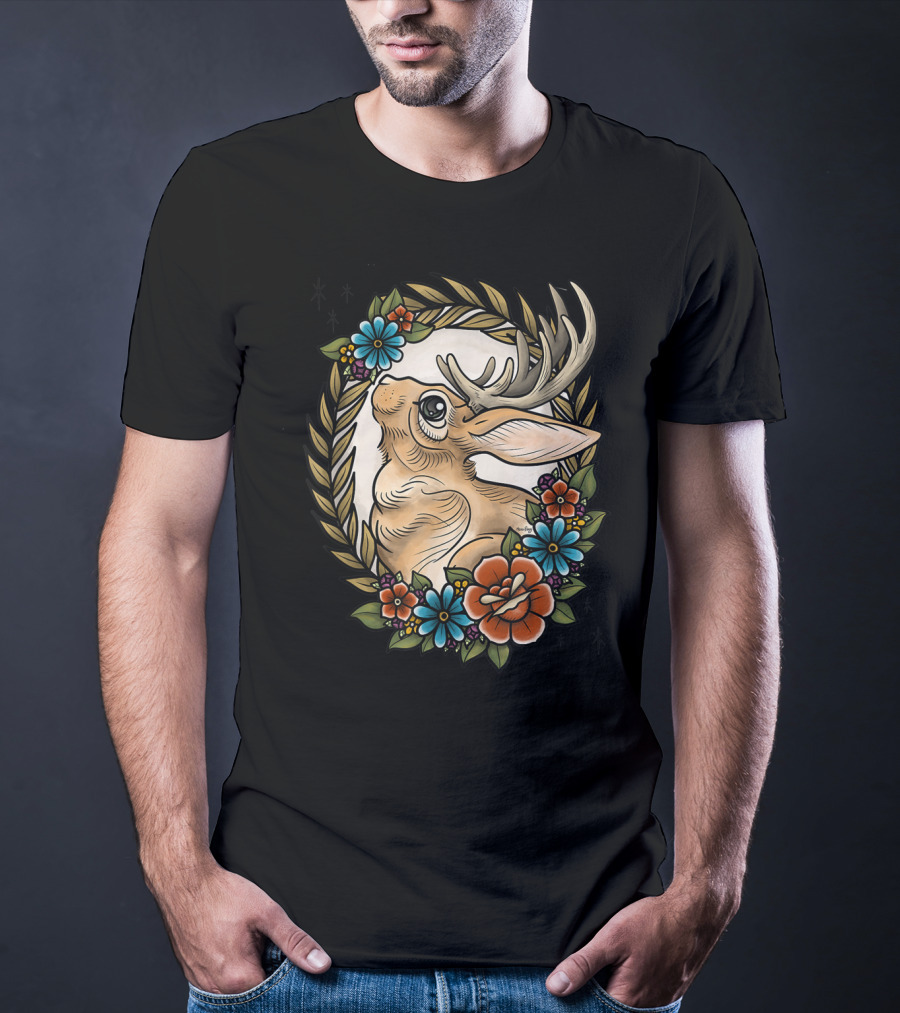 Jackalope Surrounded By Colorful Flowers And Leaves T-Shirt