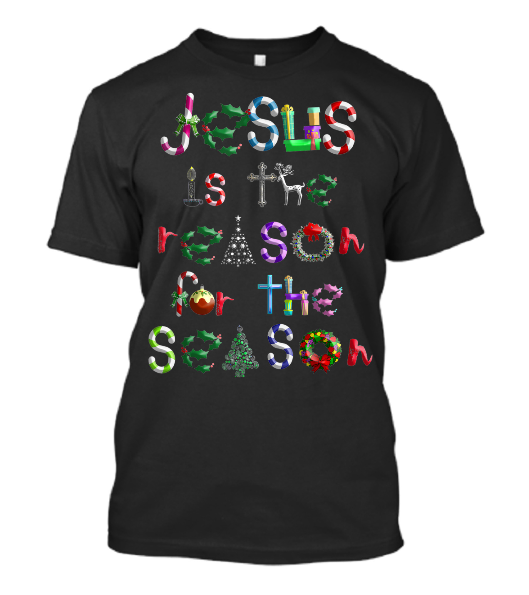 Jesus Is The Reason For The Season Christmas Symbols Candy Canes Holly Cross Reindeer Tree Bow T-Shirt