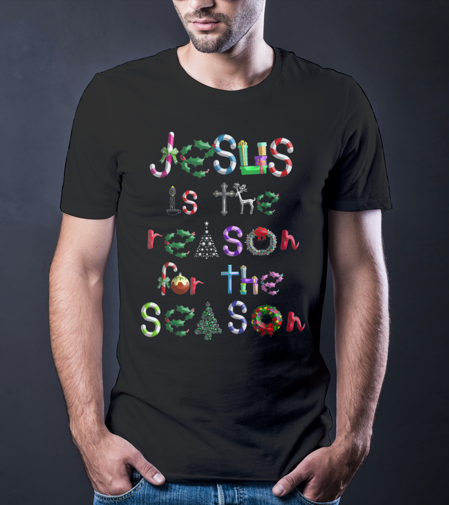 Jesus Is The Reason For The Season Christmas Symbols Candy Canes Holly Cross Reindeer Tree Bow T-Shirt