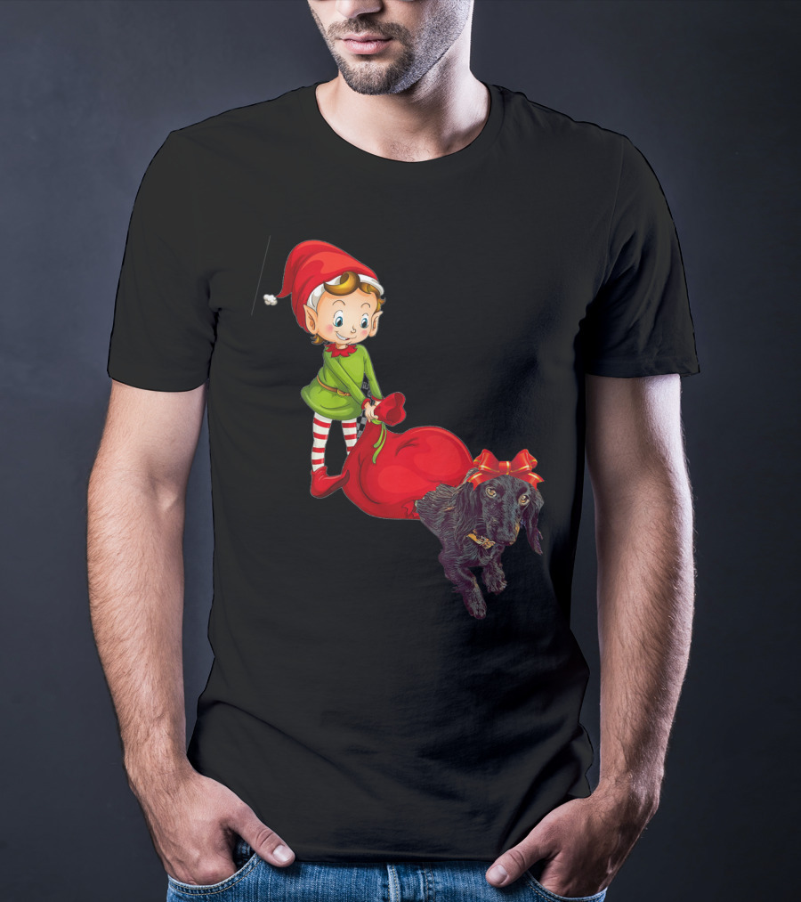Kids Elf With Red Gift Sack And Black Dog In Santa Hat T-Shirt