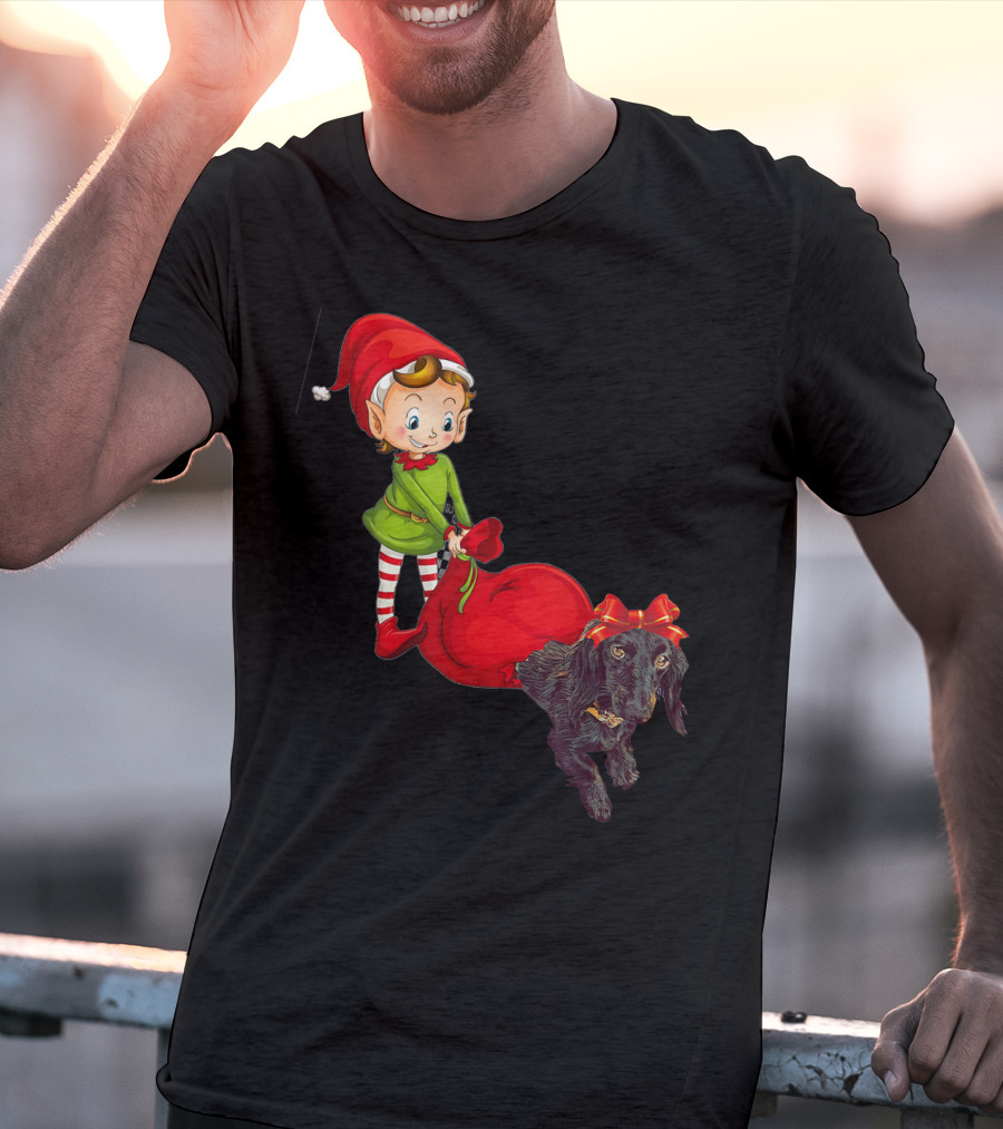 Kids Elf With Red Gift Sack And Black Dog In Santa Hat T-Shirt