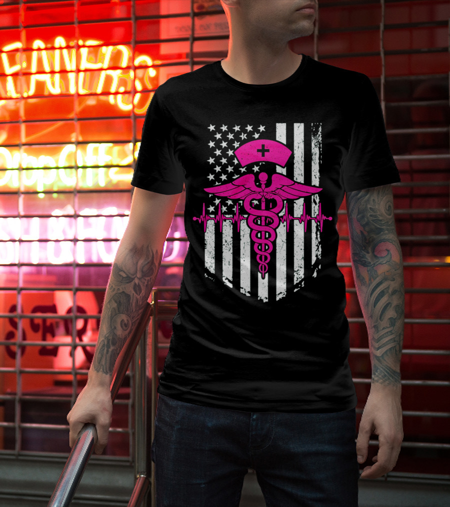 Nurse Pink Caduceus With USA Flag And Heartbeat T-Shirt
