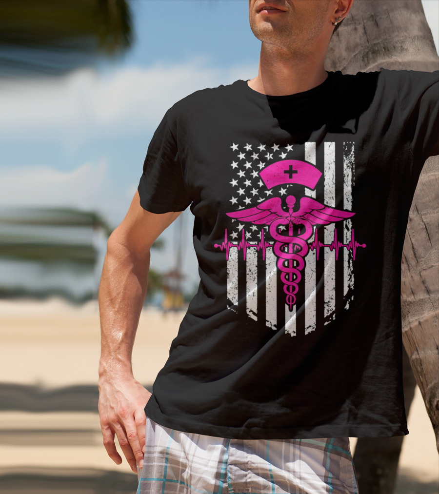 Nurse Pink Caduceus With USA Flag And Heartbeat T-Shirt