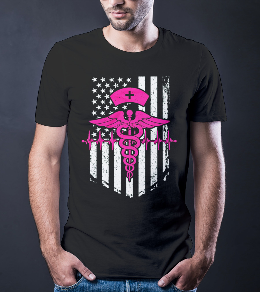 Nurse Pink Caduceus With USA Flag And Heartbeat T-Shirt