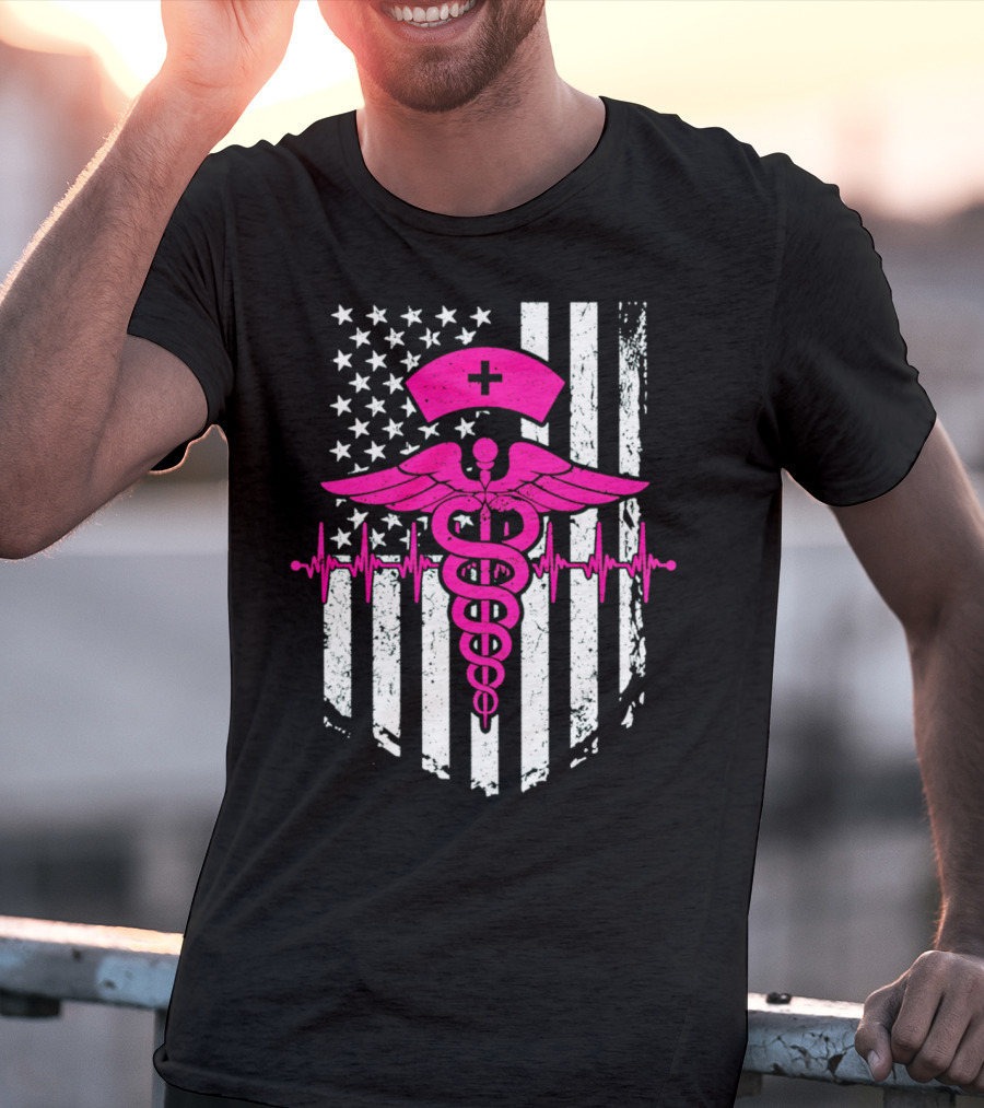 Nurse Pink Caduceus With USA Flag And Heartbeat T-Shirt