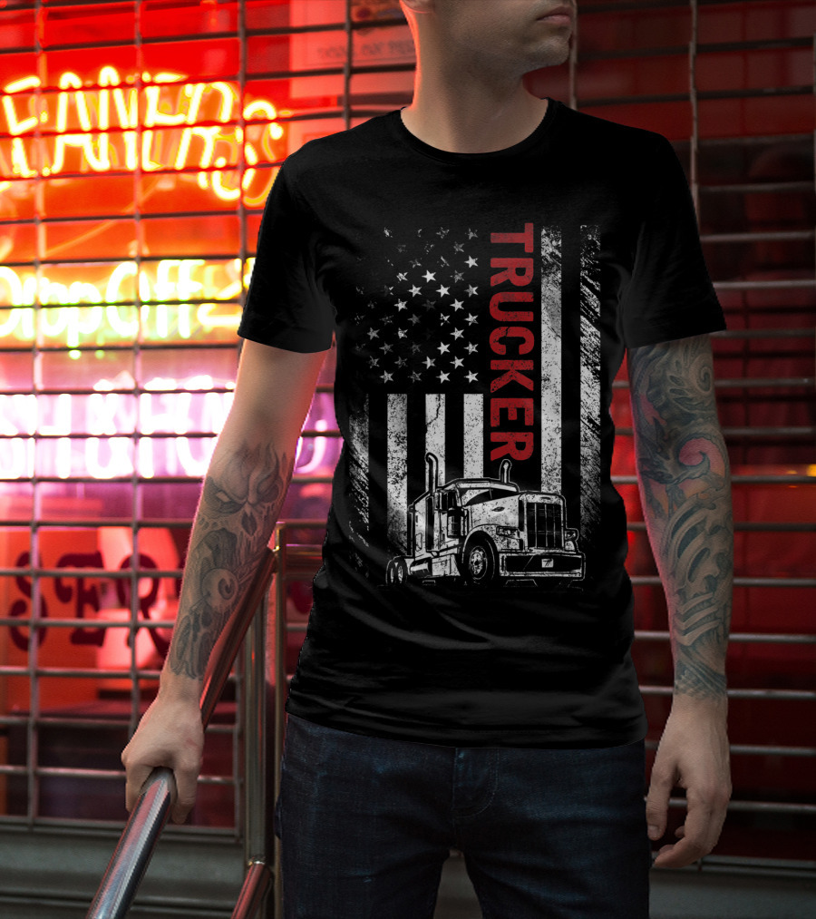 Trucker American Flag Vintage Truck Mens T-Shirt