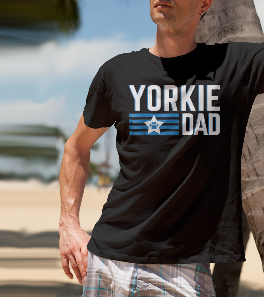 Yorkie Dad Yorkshire Terrier Dad Blue Paw Print Star T-Shirt