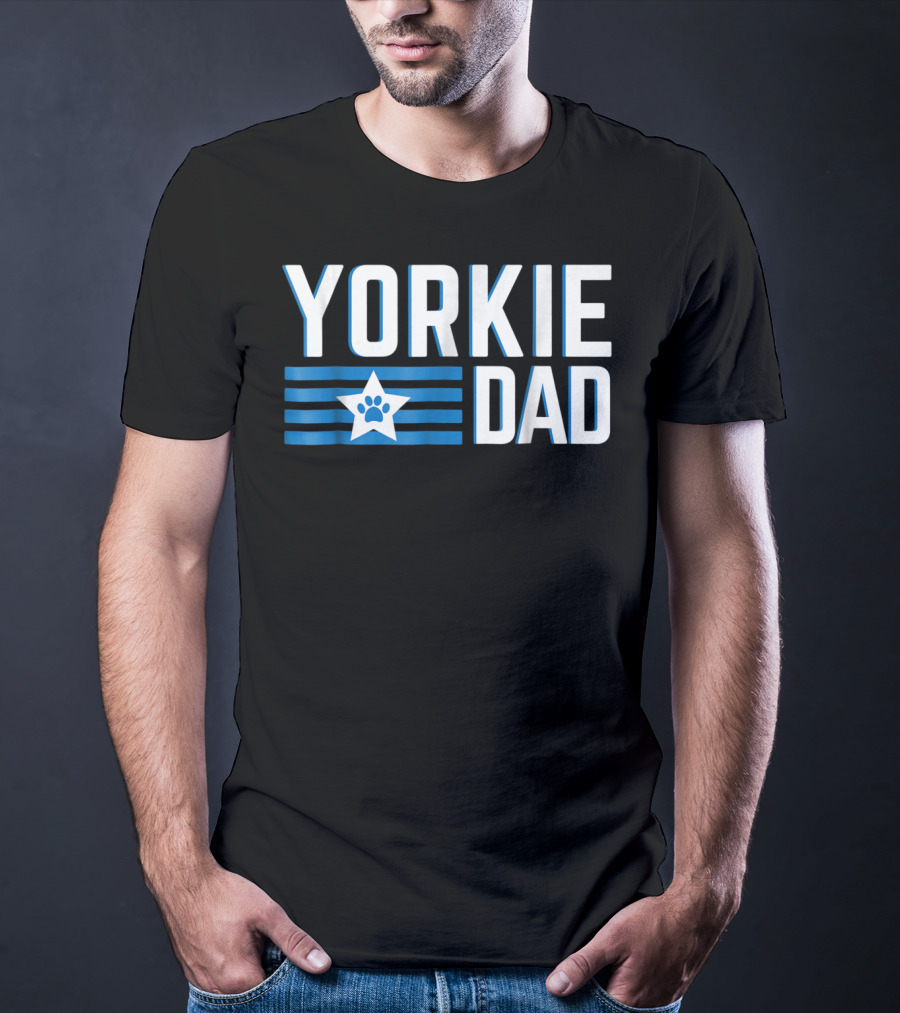 Yorkie Dad Yorkshire Terrier Dad Blue Paw Print Star T-Shirt