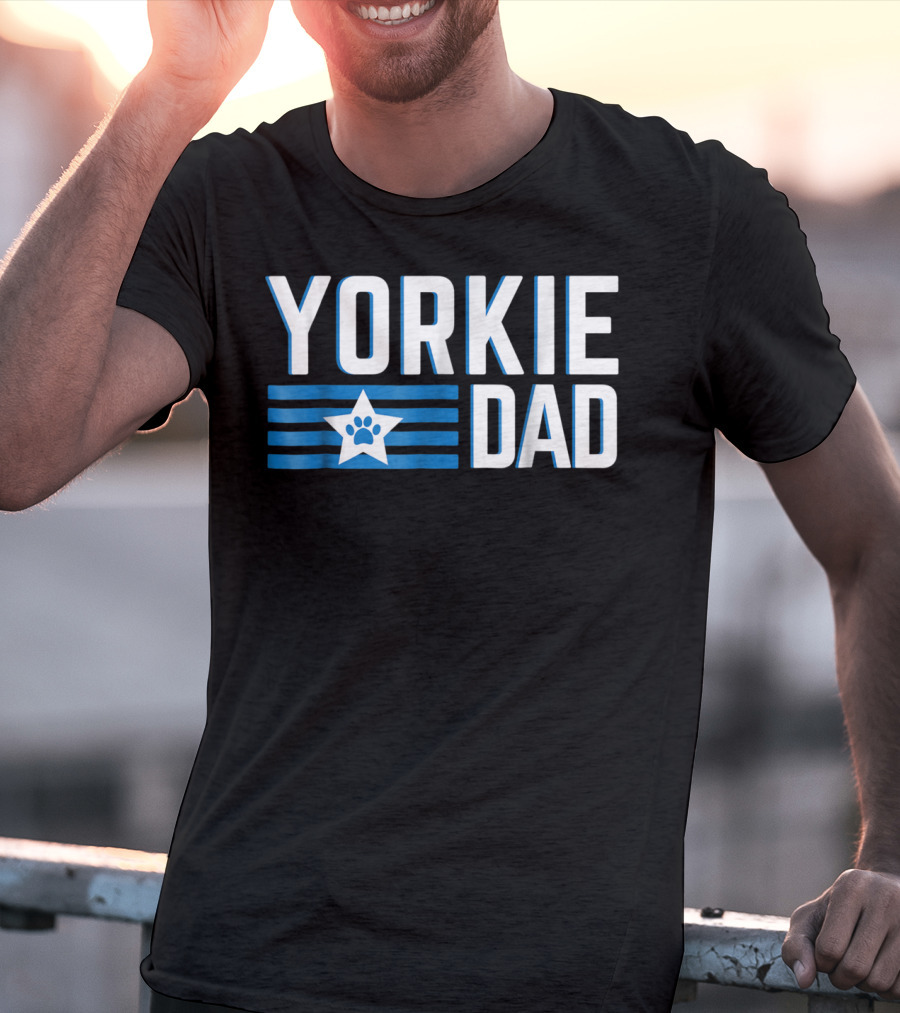 Yorkie Dad Yorkshire Terrier Dad Blue Paw Print Star T-Shirt