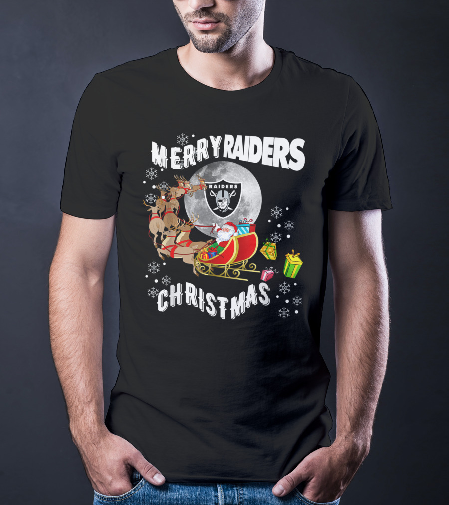 Merry Raiders Christmas Santa Sleigh Snowflakes Reindeer Presents T-Shirt