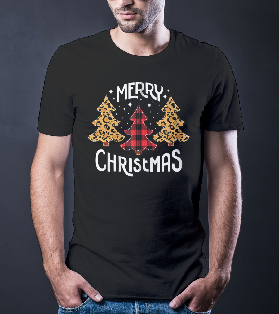 Merry Christmas Leopard And Red Buffalo Plaid Trees T-Shirt