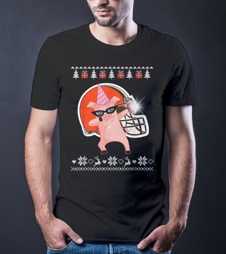 Merry Christmas Pig Dabbing Football Team Santa Hat Sunglasses Christmas Tree Reindeer Snowflakes T-Shirt