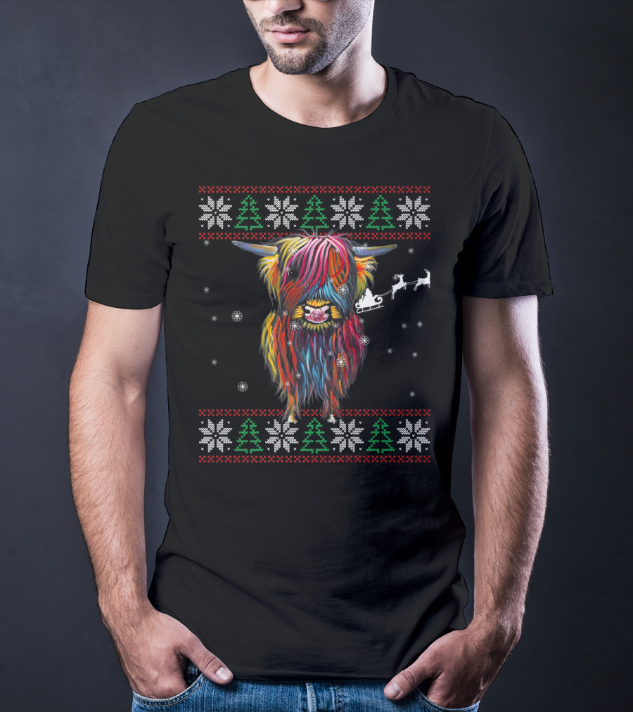 Festive Rainbow Highland Cow With Santa Sleigh And Snowflakes Christmas T-Shirt