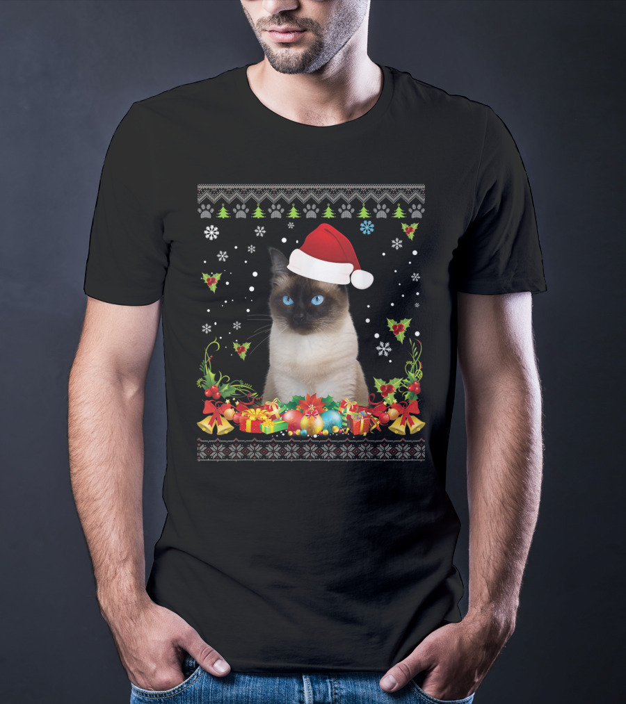 Merry Christmas Siamese Cat UglySweater Santa Hat Snowflake Ornaments T-Shirt