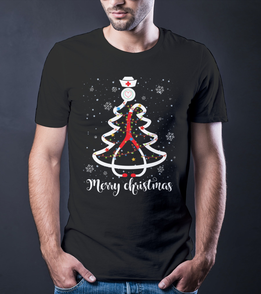 Merry Christmas Nurse Stethoscope Tree With Snowflakes And Stars T-Shirt