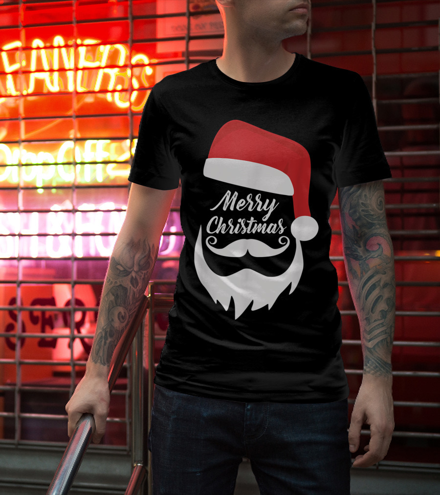 Merry Christmas Bearded Santa With Red Hat T-Shirt
