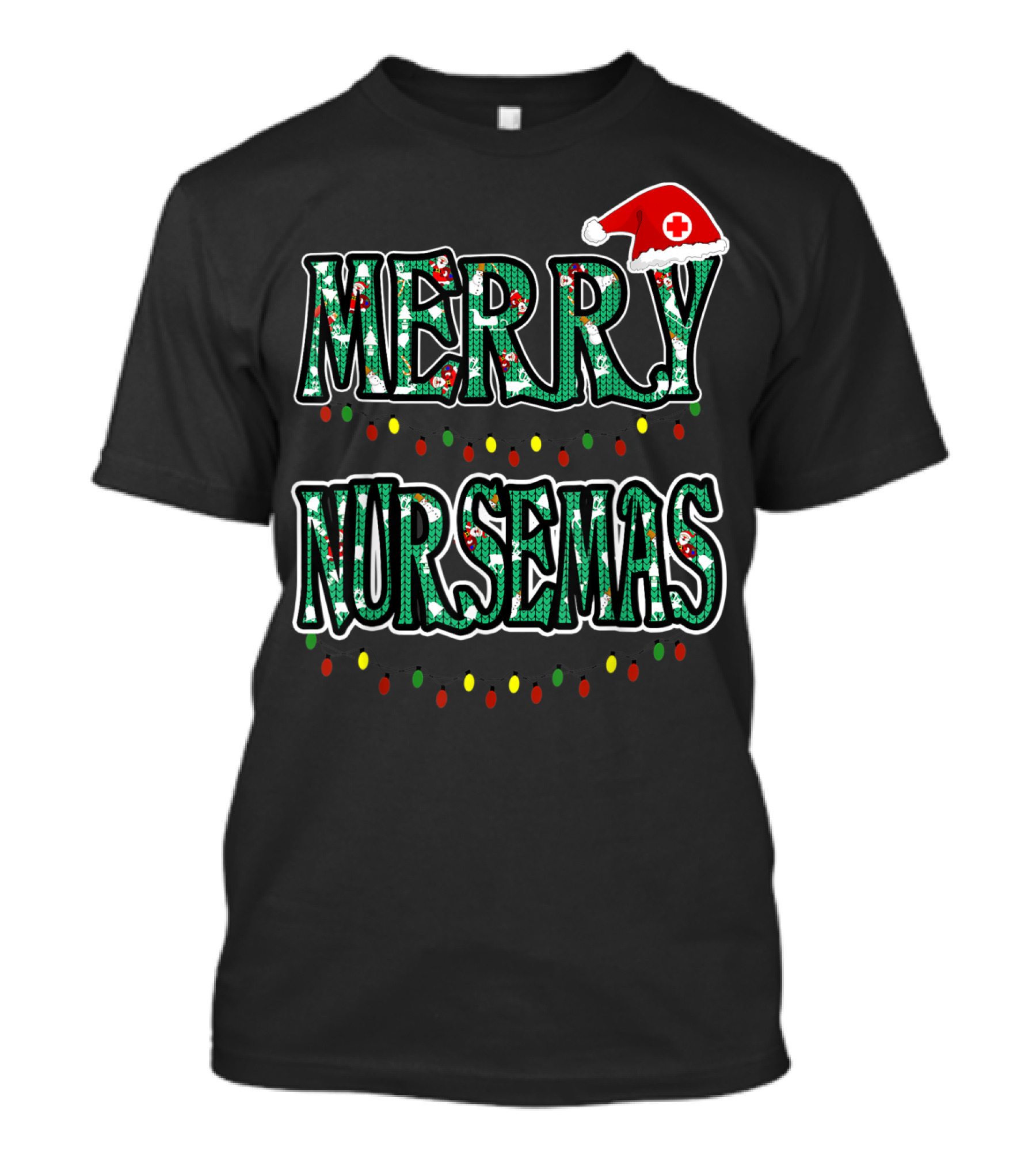 Merry Nursemas Christmas Santa Hat Lights T-Shirt
