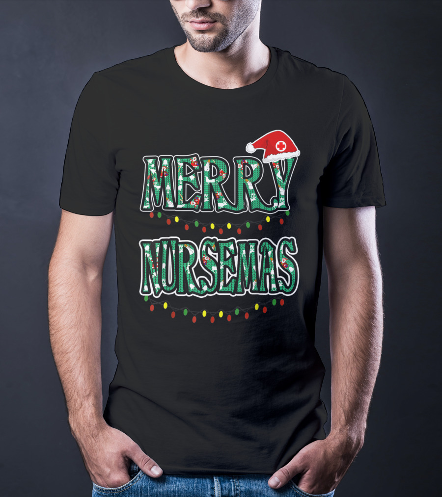 Merry Nursemas Christmas Santa Hat Lights T-Shirt